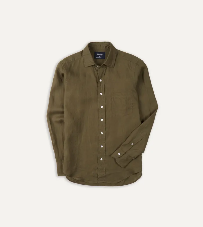 Drake039s Khaki Green Linen Spread Collar Shirt Men Linen Shirts