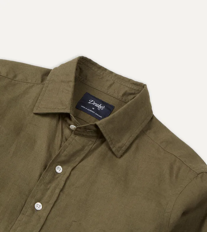 Drake039s Khaki Green Linen Spread Collar Shirt Men Linen Shirts