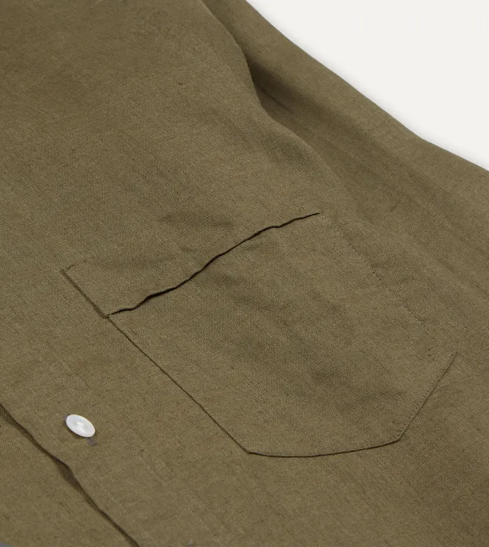 Drake039s Khaki Green Linen Spread Collar Shirt Men Linen Shirts