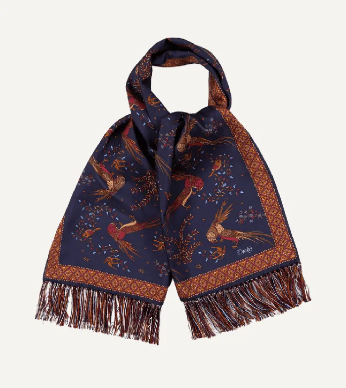 Drake039s Navy Birds Of Paradise Print Tubular Silk Tasselled Scarf Men Scarves Drake039s Navy Birds Of Paradise Print Tubular Silk Tasselled Scarf Men Scarves