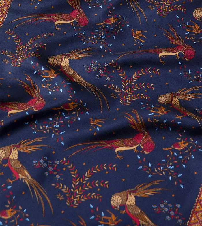 Drake039s Navy Birds Of Paradise Print Tubular Silk Tasselled Scarf Men Scarves