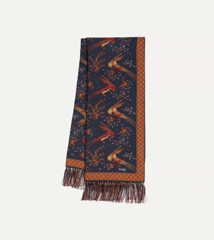 Drake039s Navy Birds Of Paradise Print Tubular Silk Tasselled Scarf Men Scarves
