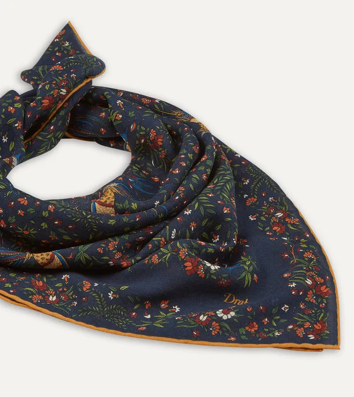 Drake039s Navy Birds Of Paradise Print WoolSilk Square Scarf Men Scarves