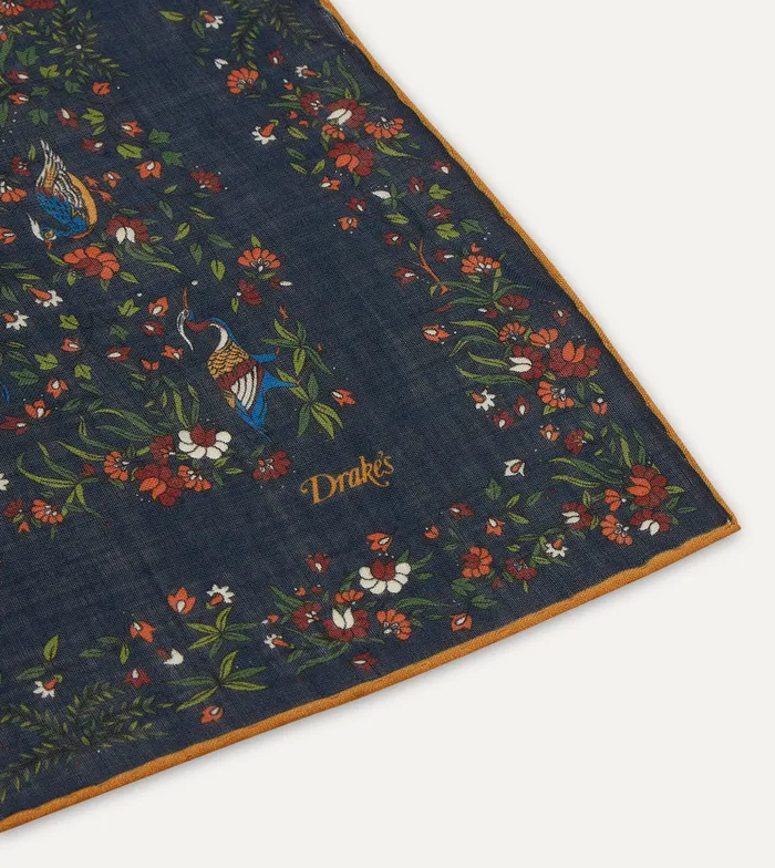 Drake039s Navy Birds Of Paradise Print WoolSilk Square Scarf Men Scarves