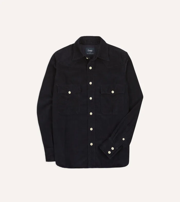 Drake039s Navy Corduroy TwoPocket Western Shirt Men Casual Shirts