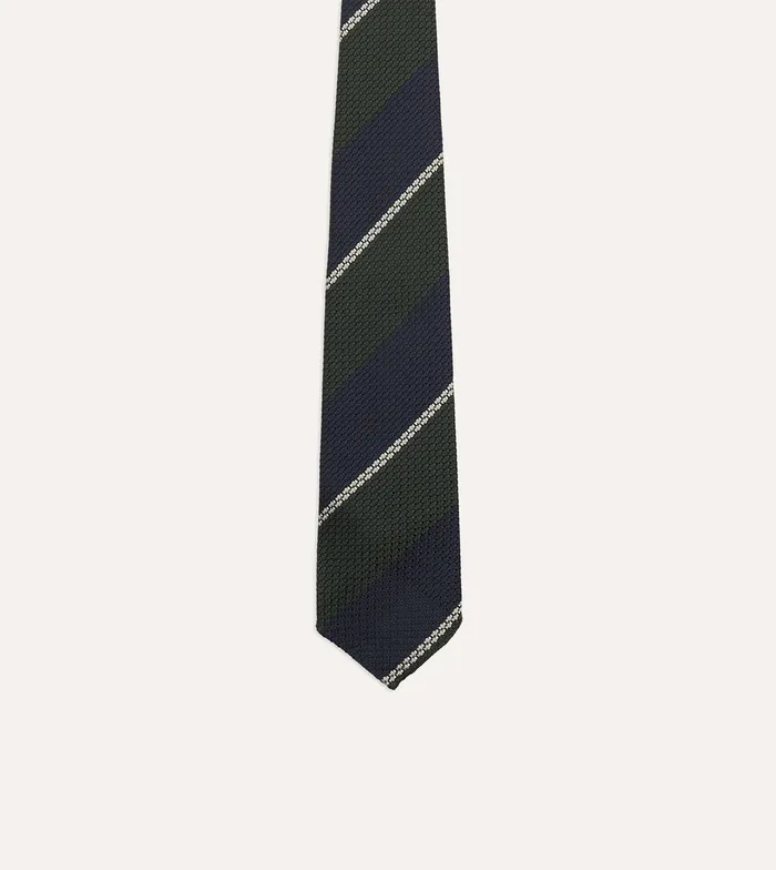 Drake039s Navy Green And White Stripe Silk Grenadine Tie Men Striped Ties