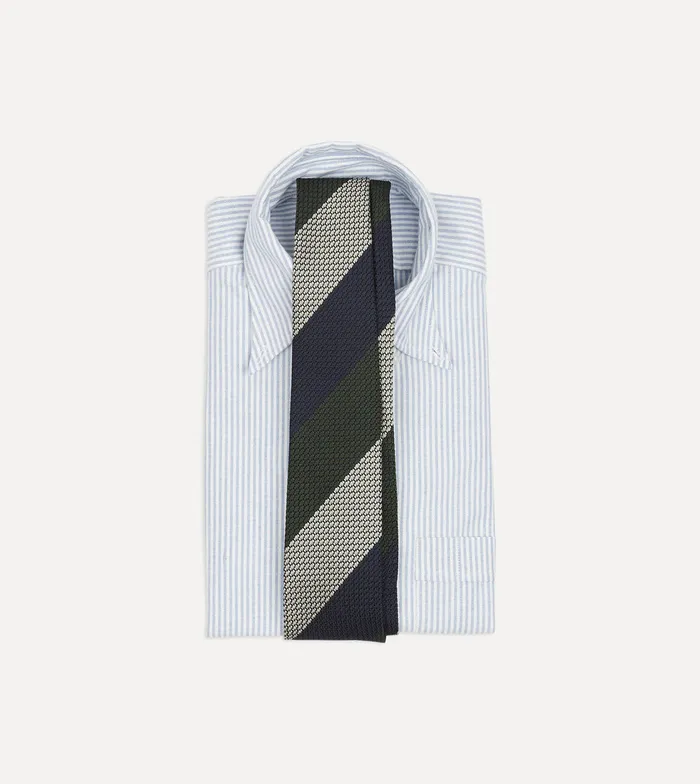 Drake039s Navy Green And White Wide Stripe Silk Grenadine Tie Men Striped Ties