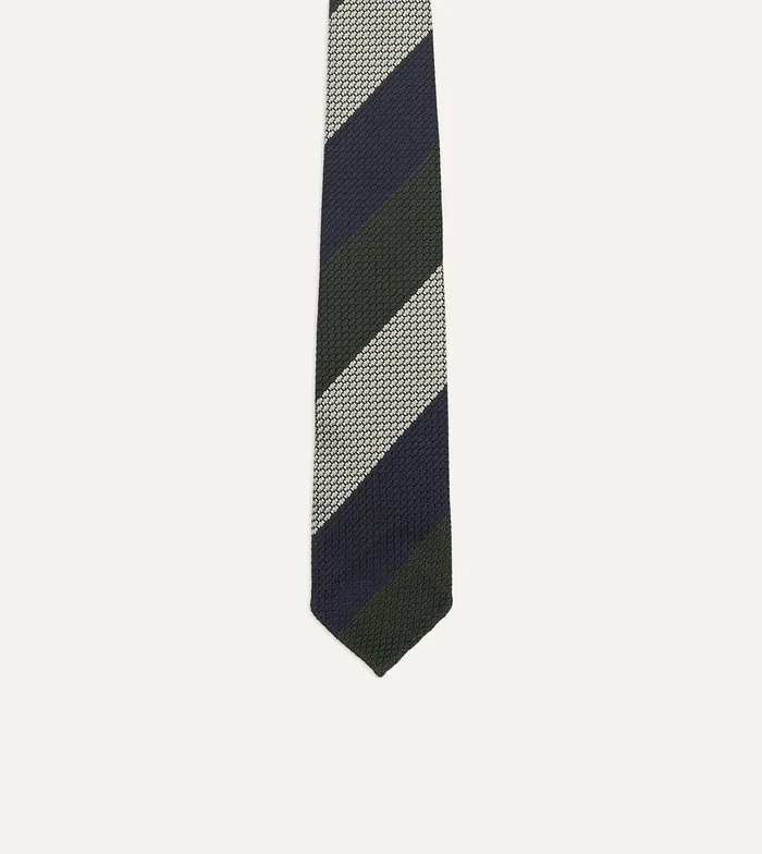 Drake039s Navy Green And White Wide Stripe Silk Grenadine Tie Men Striped Ties