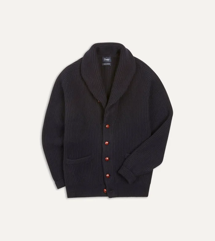 Drake039s Navy Lambswool Shawl Collar Cardigan Men Knitwear