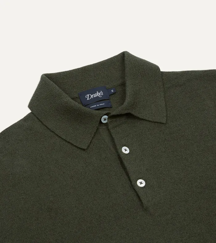 Drake039s Olive Knitted LinenCotton ShortSleeve Polo Shirt Men Knitwear