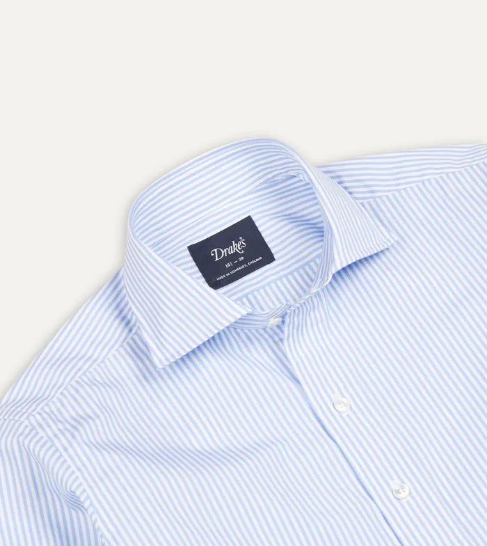 Drake039s Sky Blue And White Bengal Stripe Spread Collar Cotton Poplin Shirt Men Formal Shirts
