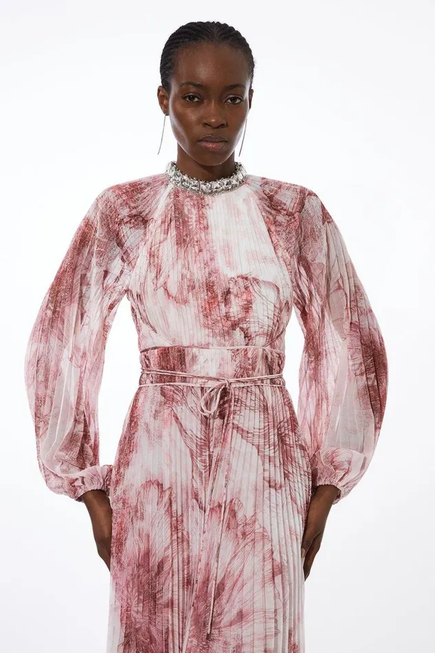 Dresses Women Karen Millen Abstract Floral Crystal Embellished Woven Maxi Dress Pink