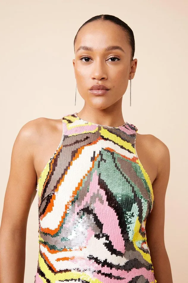 Dresses Women Karen Millen Abstract Sequin Embellished Woven Racer Mini Dress Multi