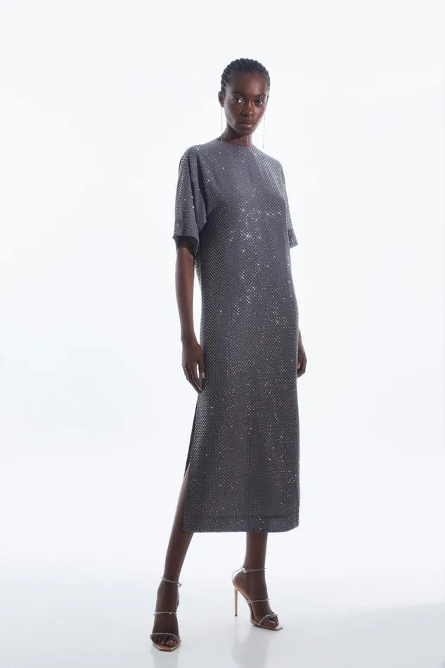 Dresses Women Karen Millen All Over Embellished Georgette Woven Maxi Dress Stone