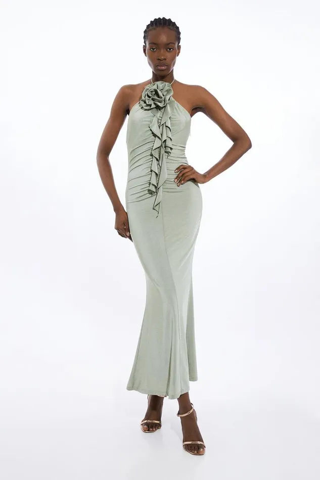 Dresses Women Karen Millen Backless Tie Rosette Slinky Jersey Maxi Dress Sage