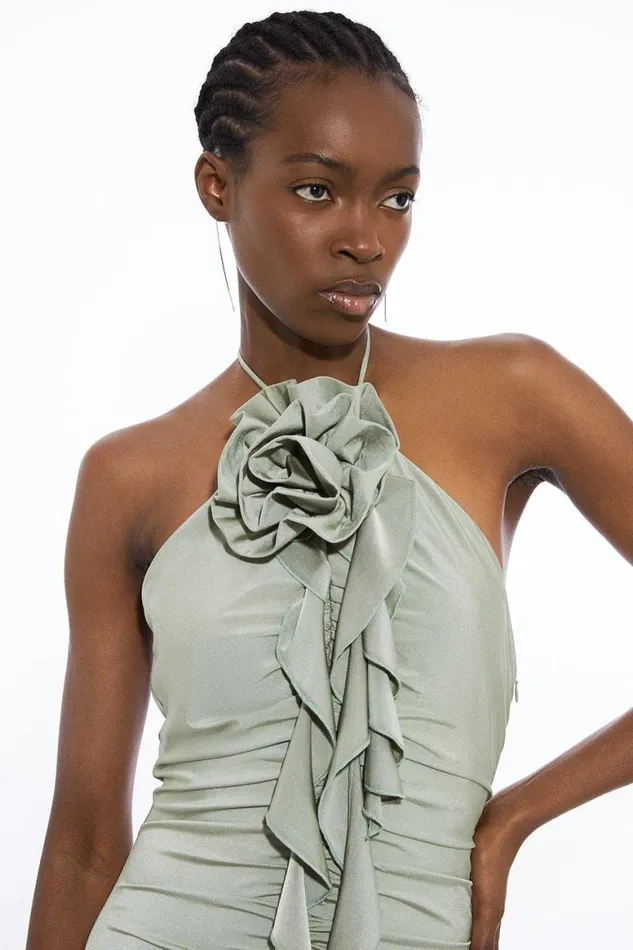 Dresses Women Karen Millen Backless Tie Rosette Slinky Jersey Maxi Dress Sage