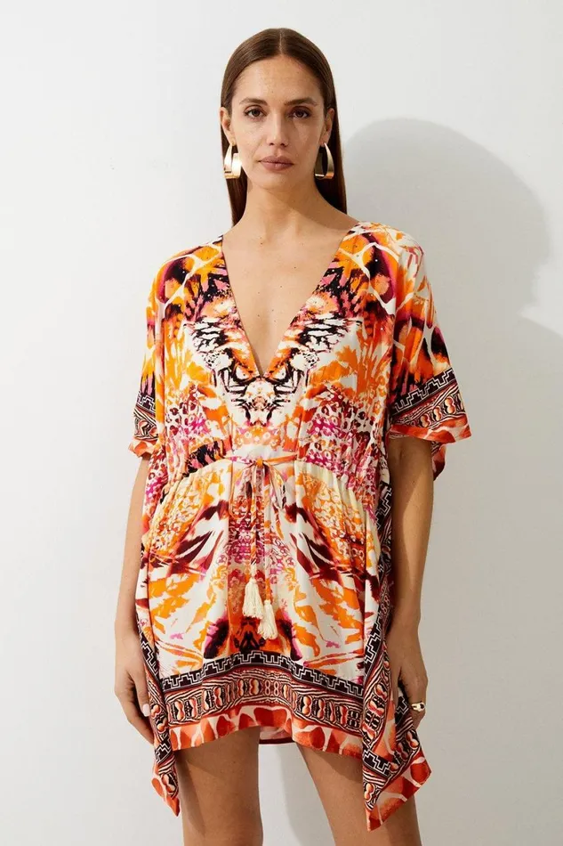 Dresses Women Karen Millen Beach Mirrored Animal Kimono Mini Dress Orange