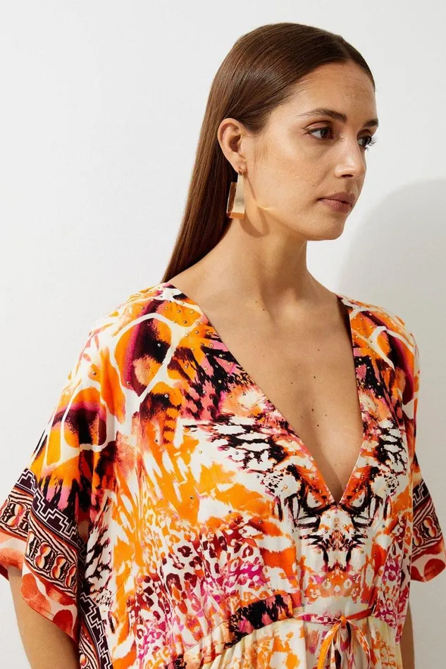 Dresses Women Karen Millen Beach Mirrored Animal Kimono Mini Dress Orange