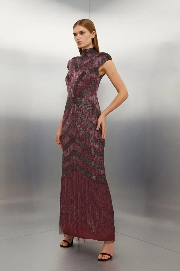 Dresses Women Karen Millen Beaded Embellished Woven Maxi Dress Red