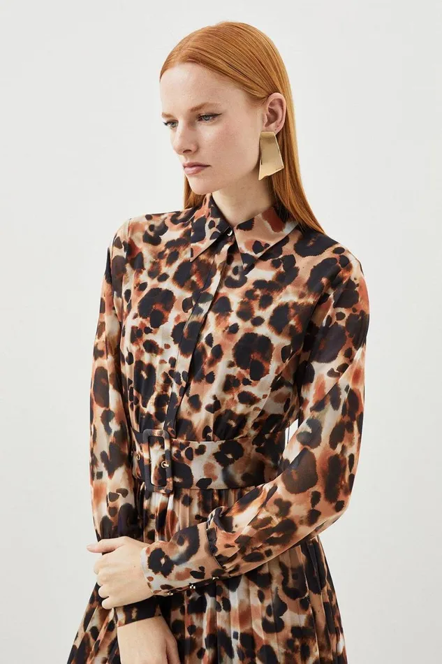 Dresses Women Karen Millen Blurred Animal Pleated Georgette Woven Shirt Midi Dress Animal