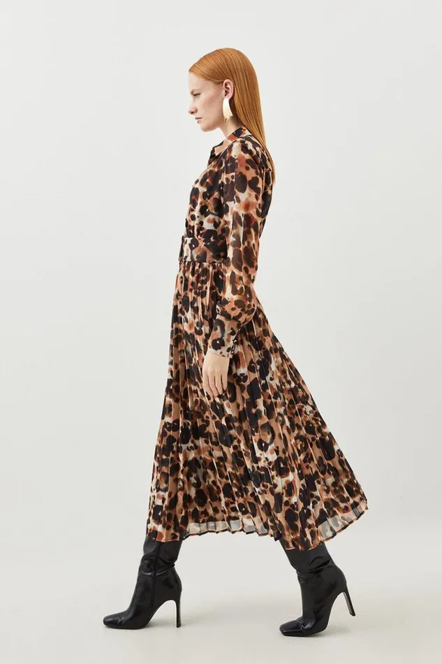 Dresses Women Karen Millen Blurred Animal Pleated Georgette Woven Shirt Midi Dress Animal