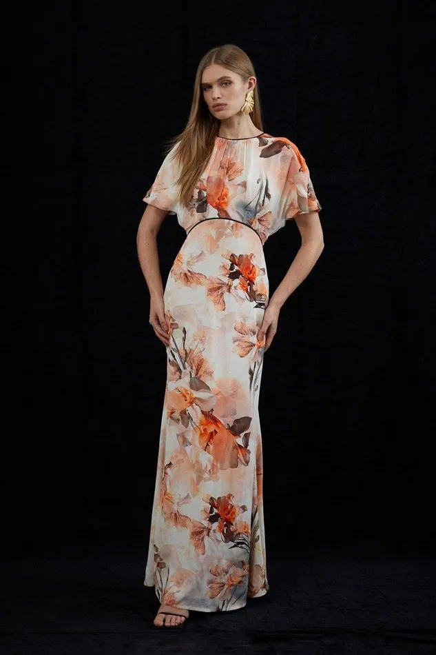 Dresses Women Karen Millen Blurred Floral Woven Column Angel Sleeve Maxi Dress Floral