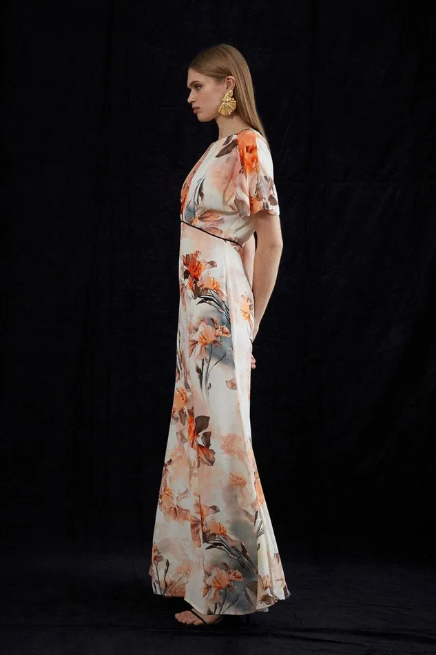 Dresses Women Karen Millen Blurred Floral Woven Column Angel Sleeve Maxi Dress Floral