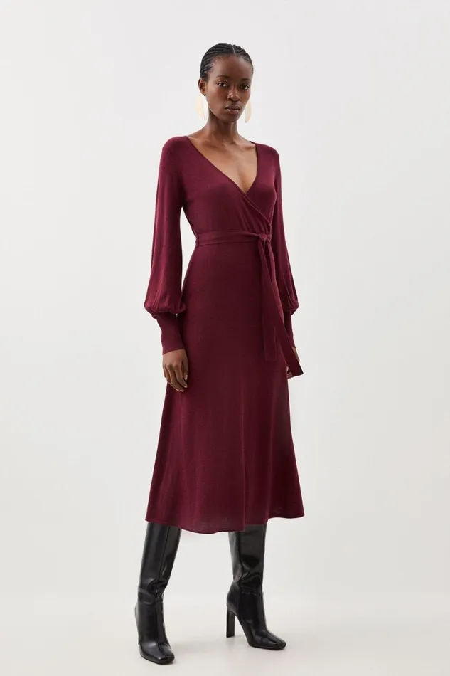 Dresses Women Karen Millen Cashmere Blend Wrap Full Sleeve Belted Knit Midi Dress Burgundy Dresses Women Karen Millen Cashmere Blend Wrap Full Sleeve Belted Knit Midi Dress Burgundy