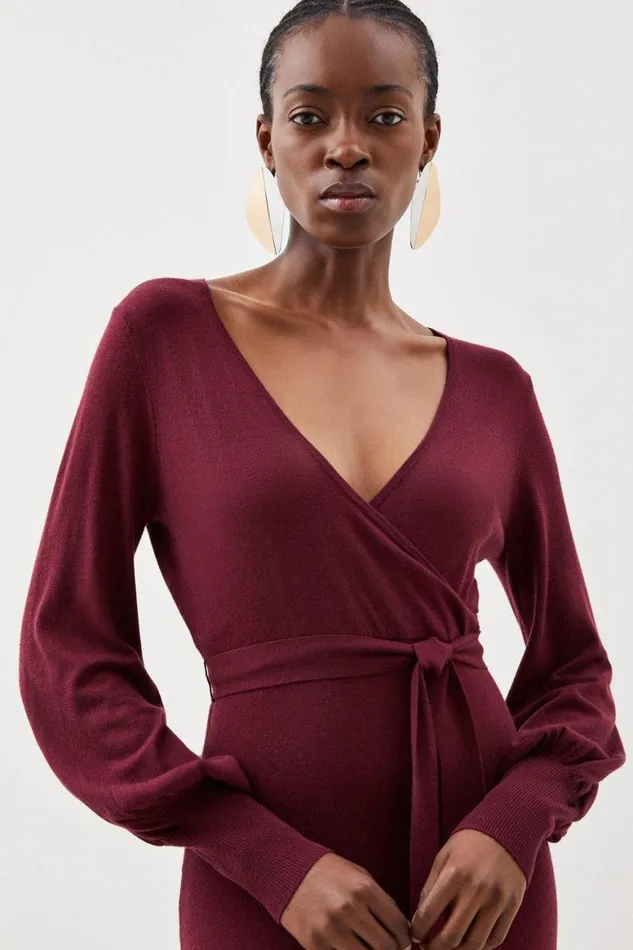 Dresses Women Karen Millen Cashmere Blend Wrap Full Sleeve Belted Knit Midi Dress Burgundy
