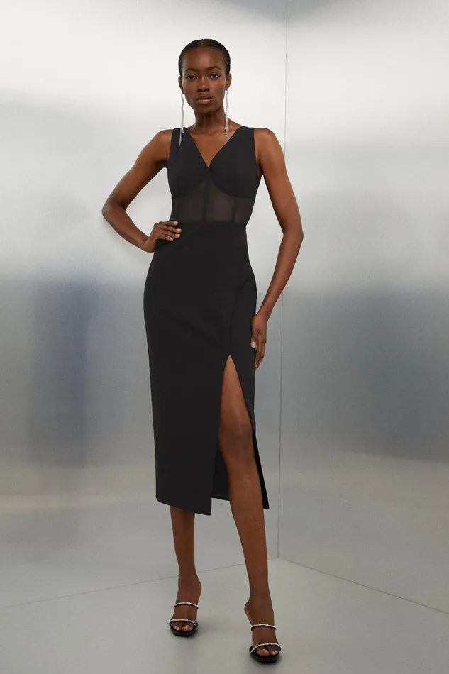 Dresses Women Karen Millen Clean Tailored V Neck Mesh Detail Side Split Pencil Dress Black Dresses Women Karen Millen Clean Tailored V Neck Mesh Detail Side Split Pencil Dress Black