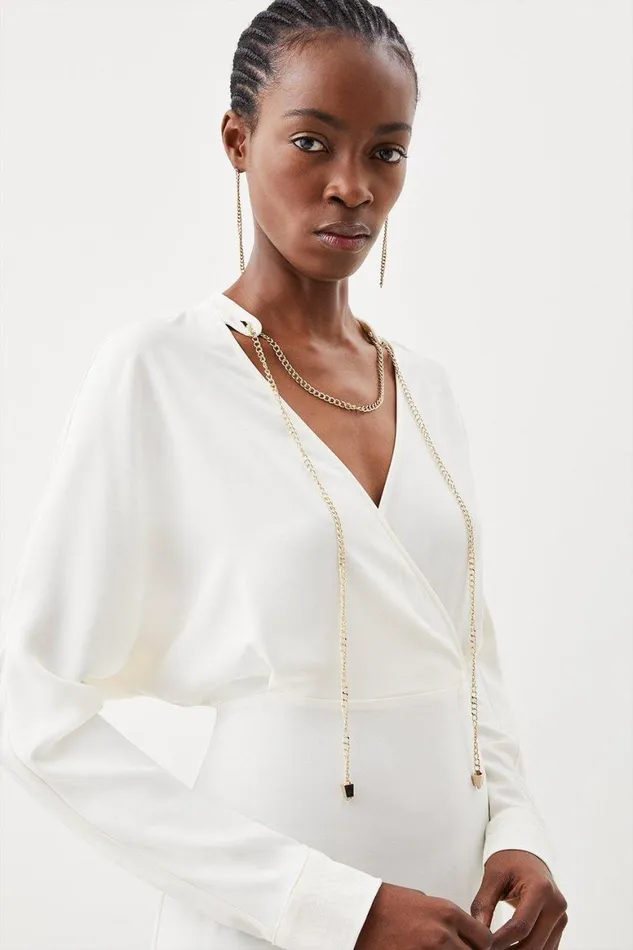 Dresses Women Karen Millen Collar Detail Wrap Front Long Sleeve Midi Dress Cream
