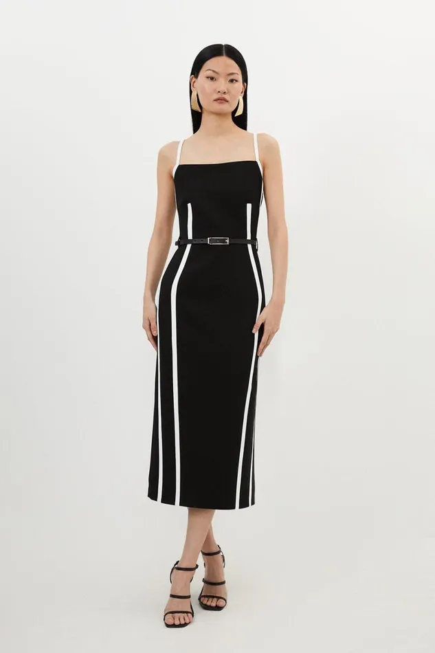 Dresses Women Karen Millen Compact Stretch Contrast Tailored Belted Midi Dress Black Dresses Women Karen Millen Compact Stretch Contrast Tailored Belted Midi Dress Black