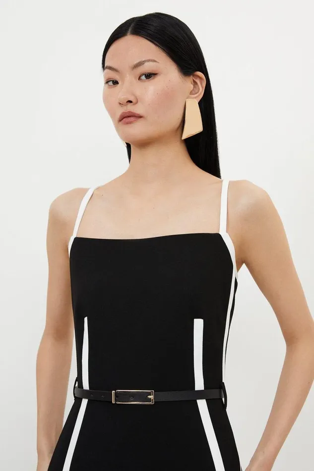 Dresses Women Karen Millen Compact Stretch Contrast Tailored Belted Midi Dress Black