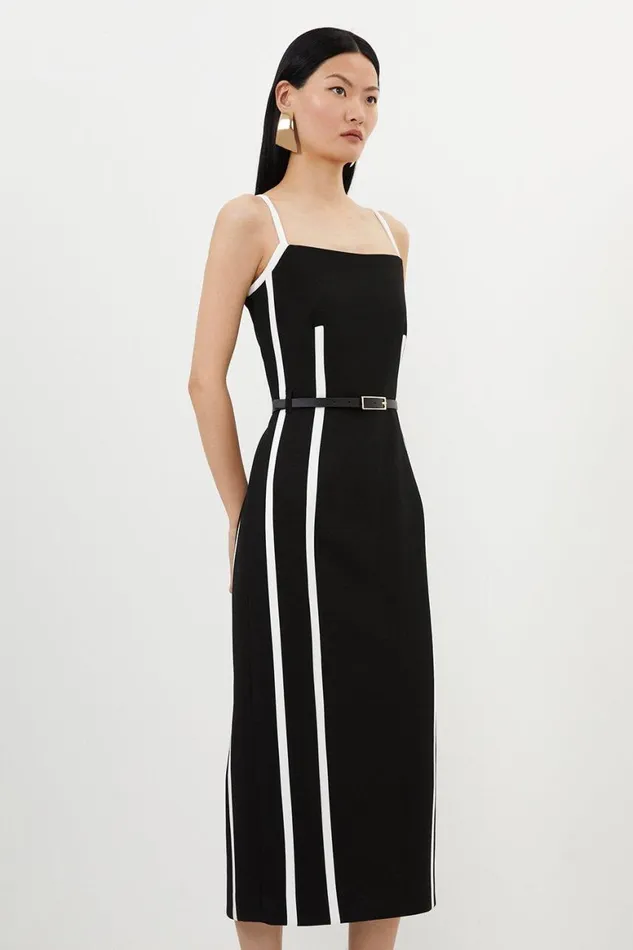 Dresses Women Karen Millen Compact Stretch Contrast Tailored Belted Midi Dress Black