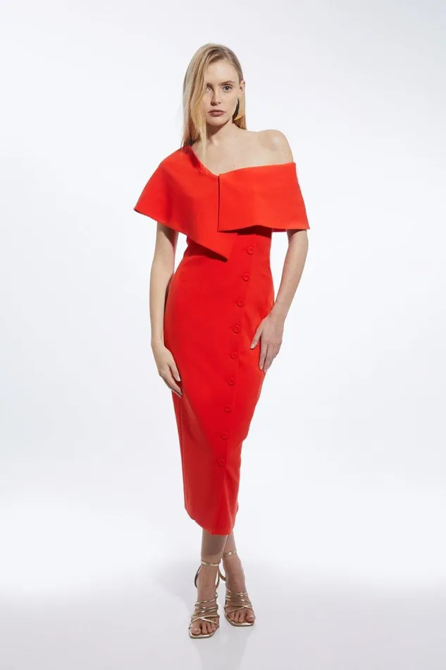 Dresses Women Karen Millen Compact Stretch Off Shoulder Button Through Tailored Midaxi Pencil Dress Tomato Red Dresses Women Karen Millen Compact Stretch Off Shoulder Button Through Tailored Midaxi Pencil Dress Tomato Red