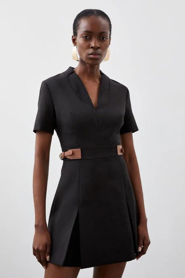 Dresses Women Karen Millen Compact Stretch Tab Detail Pleated Tailored Mini Dress Black Dresses Women Karen Millen Compact Stretch Tab Detail Pleated Tailored Mini Dress Black