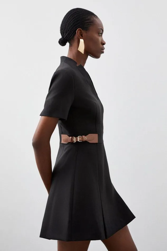 Dresses Women Karen Millen Compact Stretch Tab Detail Pleated Tailored Mini Dress Black