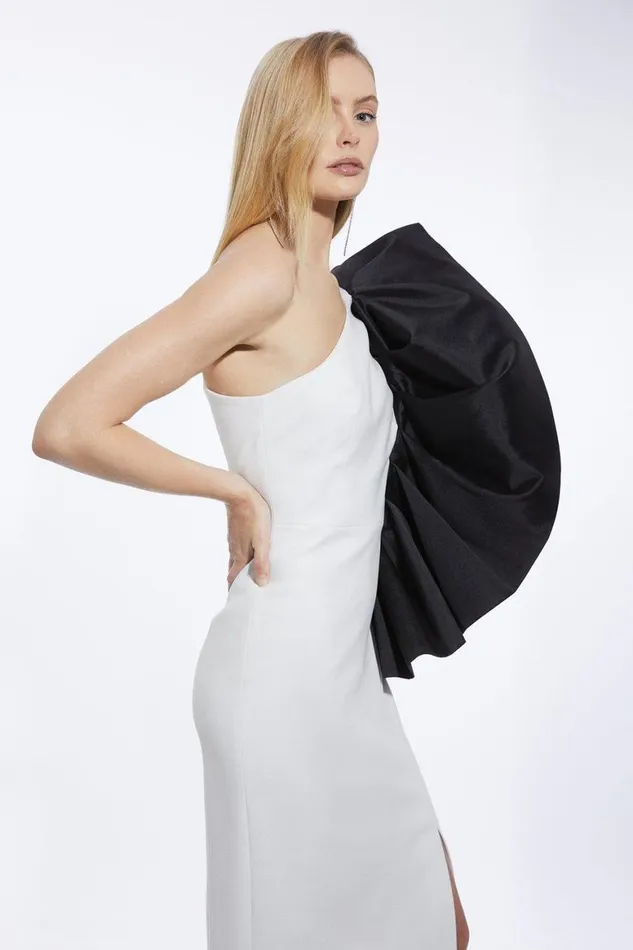 Dresses Women Karen Millen Compact Stretch Taffeta Ruffle Sleeved Midi Dress Mono