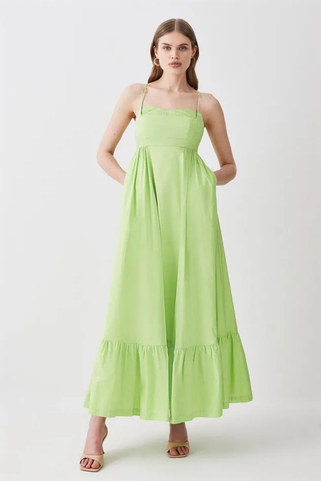Dresses Women Karen Millen Cotton Topstitch Strappy Maxi Dress Lime