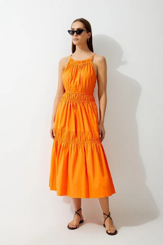 Dresses Women Karen Millen Cotton Woven Shirred Tiered Maxi Dress Orange