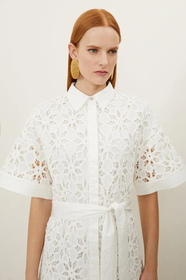Dresses Women Karen Millen Crafted Cotton Embroidery Woven Shirt Maxi Dress White