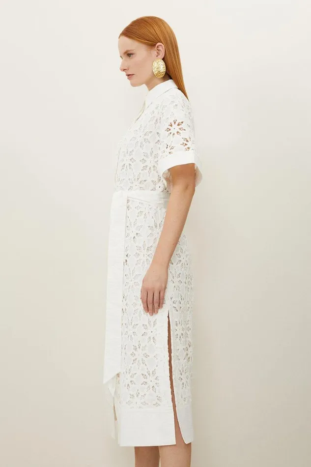 Dresses Women Karen Millen Crafted Cotton Embroidery Woven Shirt Maxi Dress White
