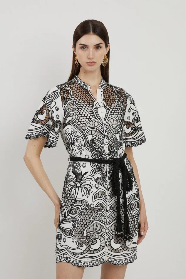 Dresses Women Karen Millen Cutwork Belted Woven Mini Dress Mono