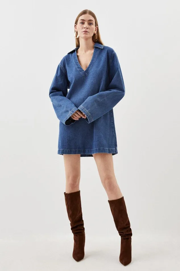Dresses Women Karen Millen Denim Long Sleeve Mini Smock Dress Indigo
