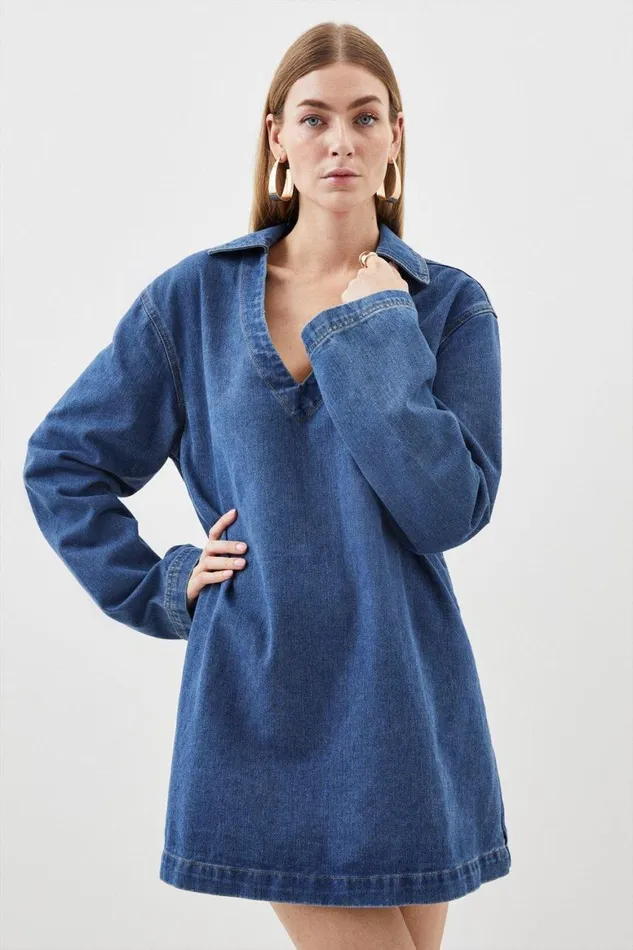 Dresses Women Karen Millen Denim Long Sleeve Mini Smock Dress Indigo