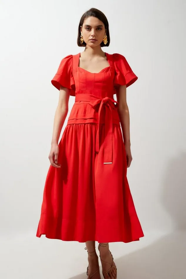 Dresses Women Karen Millen Drama Short Sleeve Tie Waist Linen Woven Midi Dress Red Dresses Women Karen Millen Drama Short Sleeve Tie Waist Linen Woven Midi Dress Red