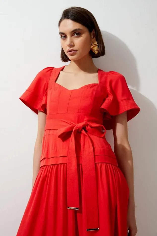 Dresses Women Karen Millen Drama Short Sleeve Tie Waist Linen Woven Midi Dress Red