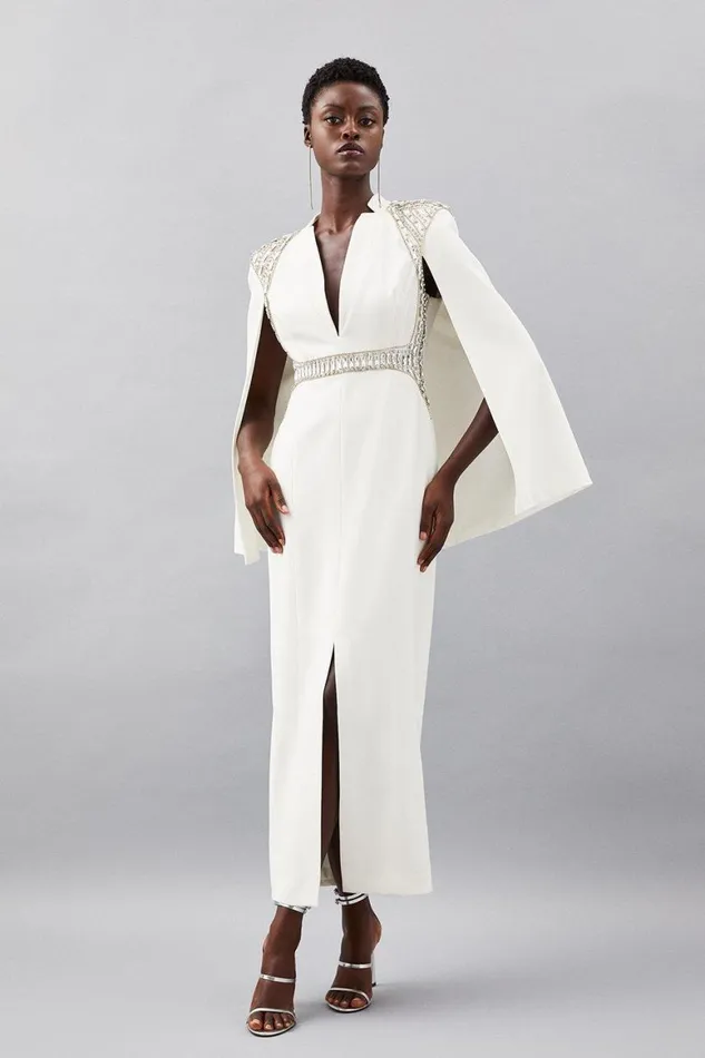 Dresses Women Karen Millen Embellished Caddy Plunge Cape Sleeve Woven Midi Dress Ivory