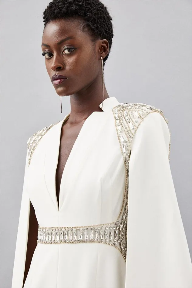 Dresses Women Karen Millen Embellished Caddy Plunge Cape Sleeve Woven Midi Dress Ivory