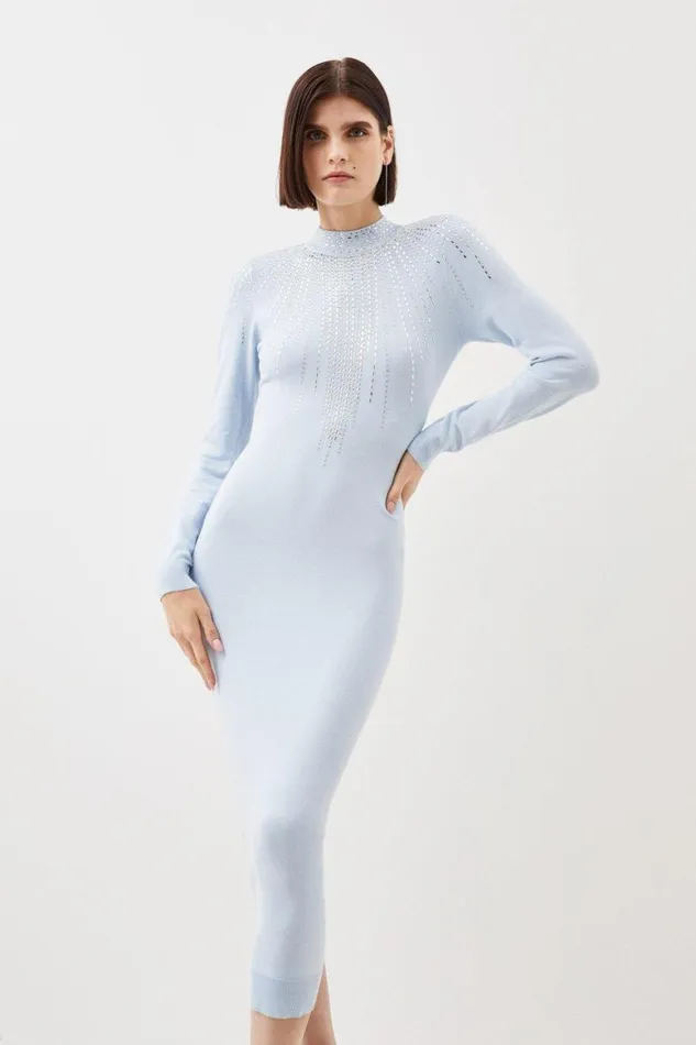 Dresses Women Karen Millen Embellished Knit Midi Dress Pale Blue